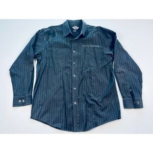 Harley Davidson Mens Long Sleeve Button Up Shirt Black Pinstripe Black Logo Lg